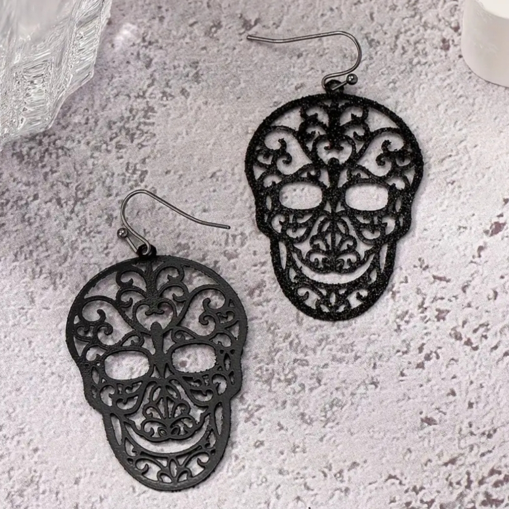 Halloween Black Carved Skull Design Dangle Earrings - Picture 5 of 5